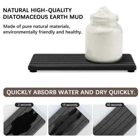 Lyxel diatomite tray with anti-slip footpads on bathroom surfaces.