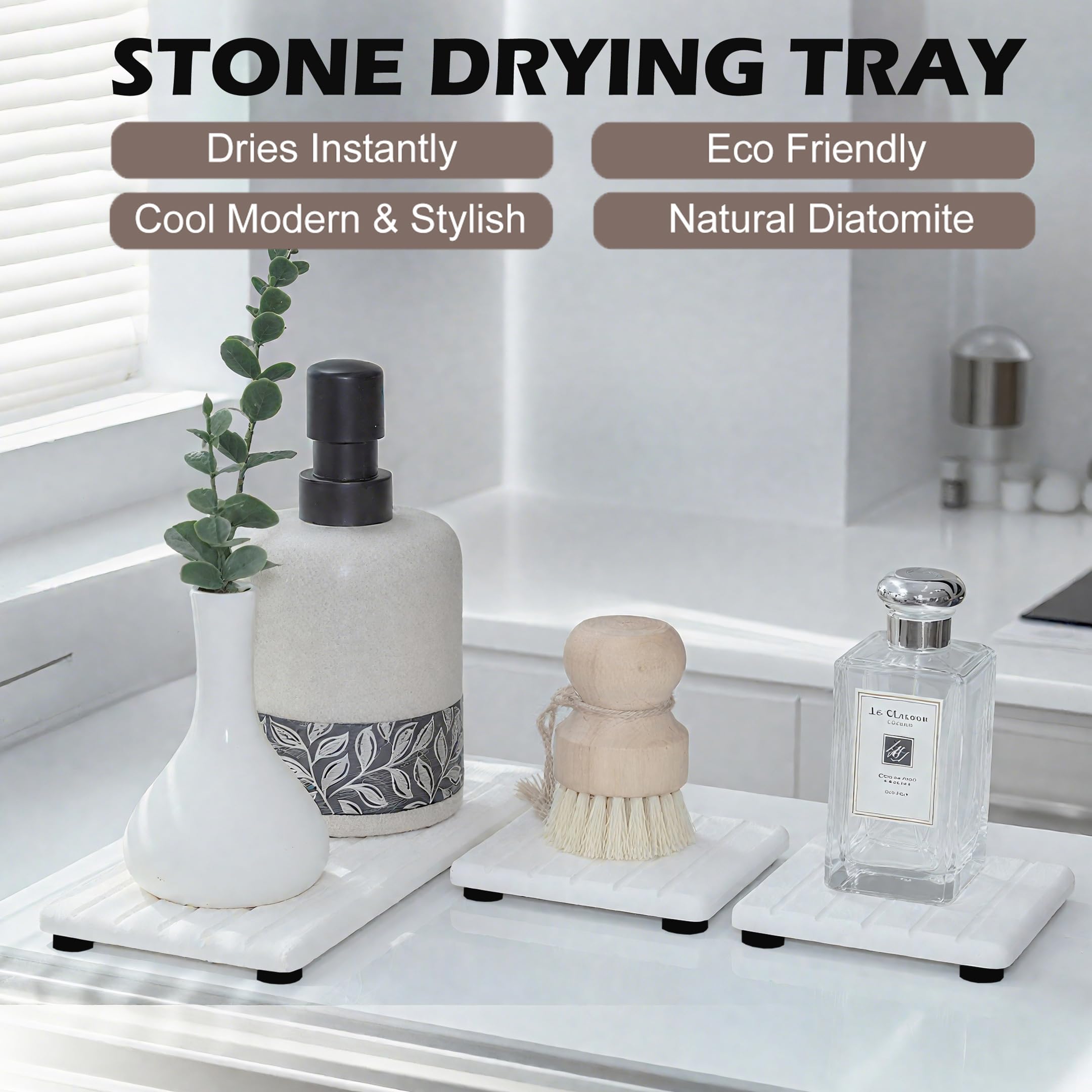 Lyxel fast-drying stone tray on bathroom counter reduces splash and mess