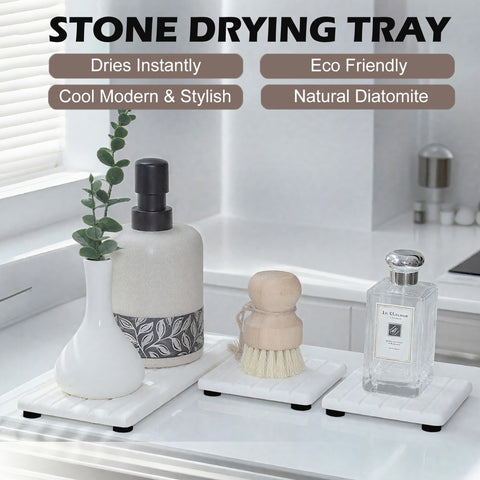 Lyxel fast-drying stone tray on bathroom counter reduces splash and mess