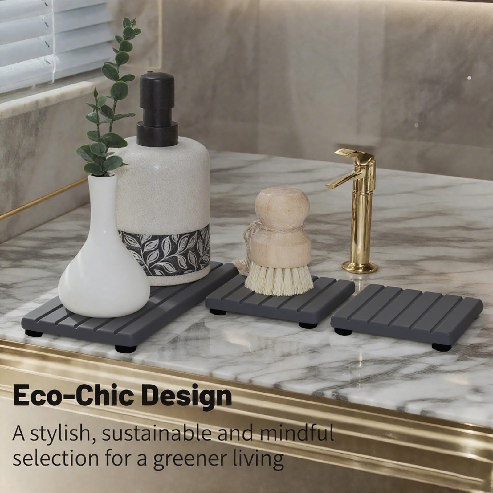 Lyxel stone drying tray arranged with soap, sponge, and toothbrush holder.
