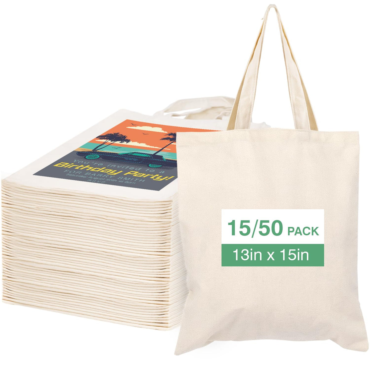 Lzerking 50-pack canvas tote bags shown in product shot for bulk DIY gifts and prizes.