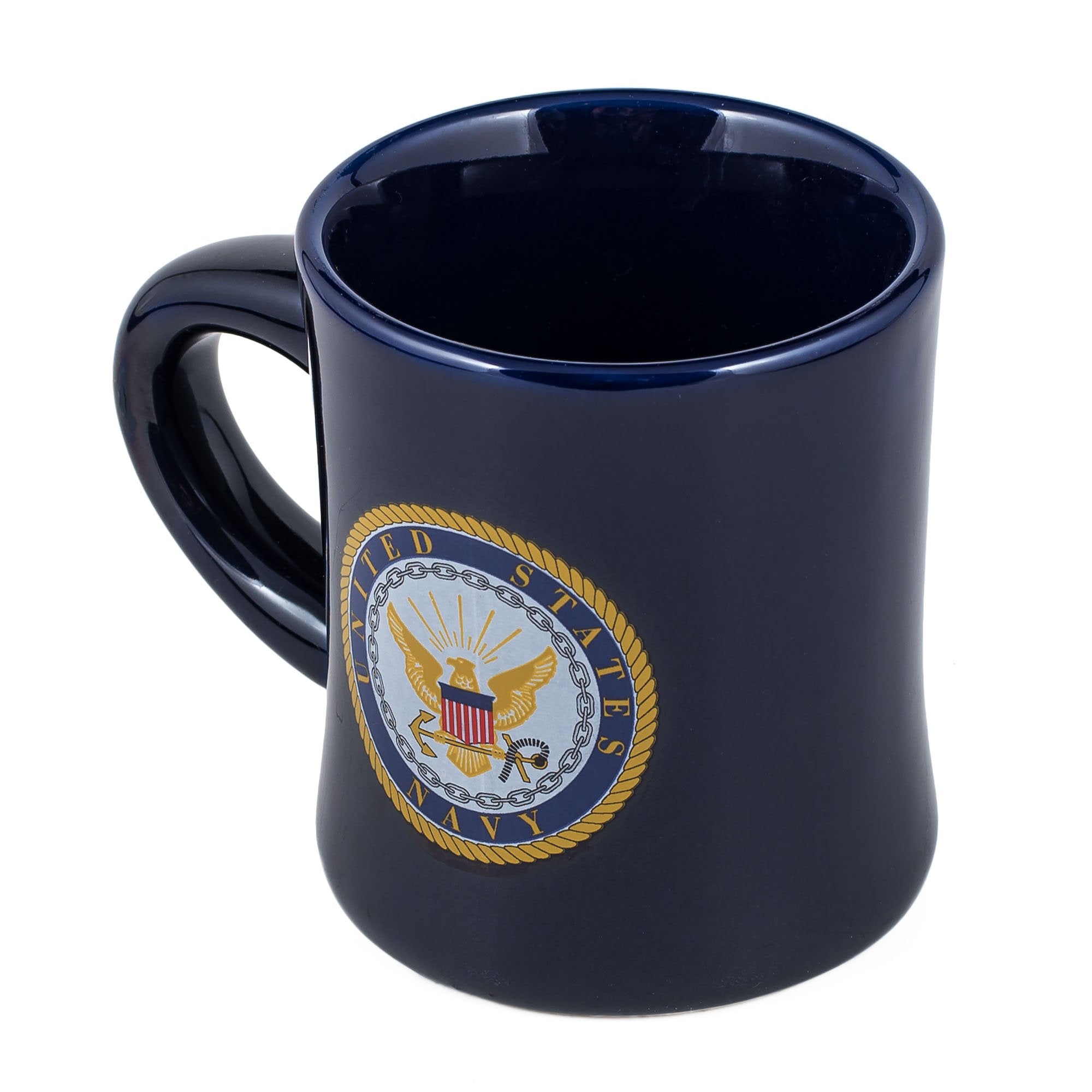 M. Cornell navy blue stoneware mug with comfortable handle for hot beverages.
