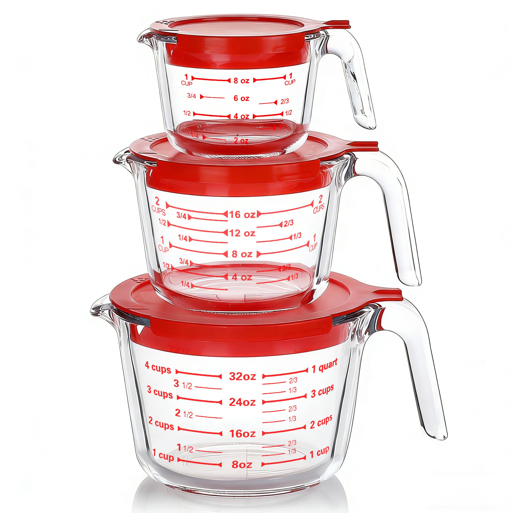 M MCIRCO glass measuring cups with lids shown together, space-saving storage