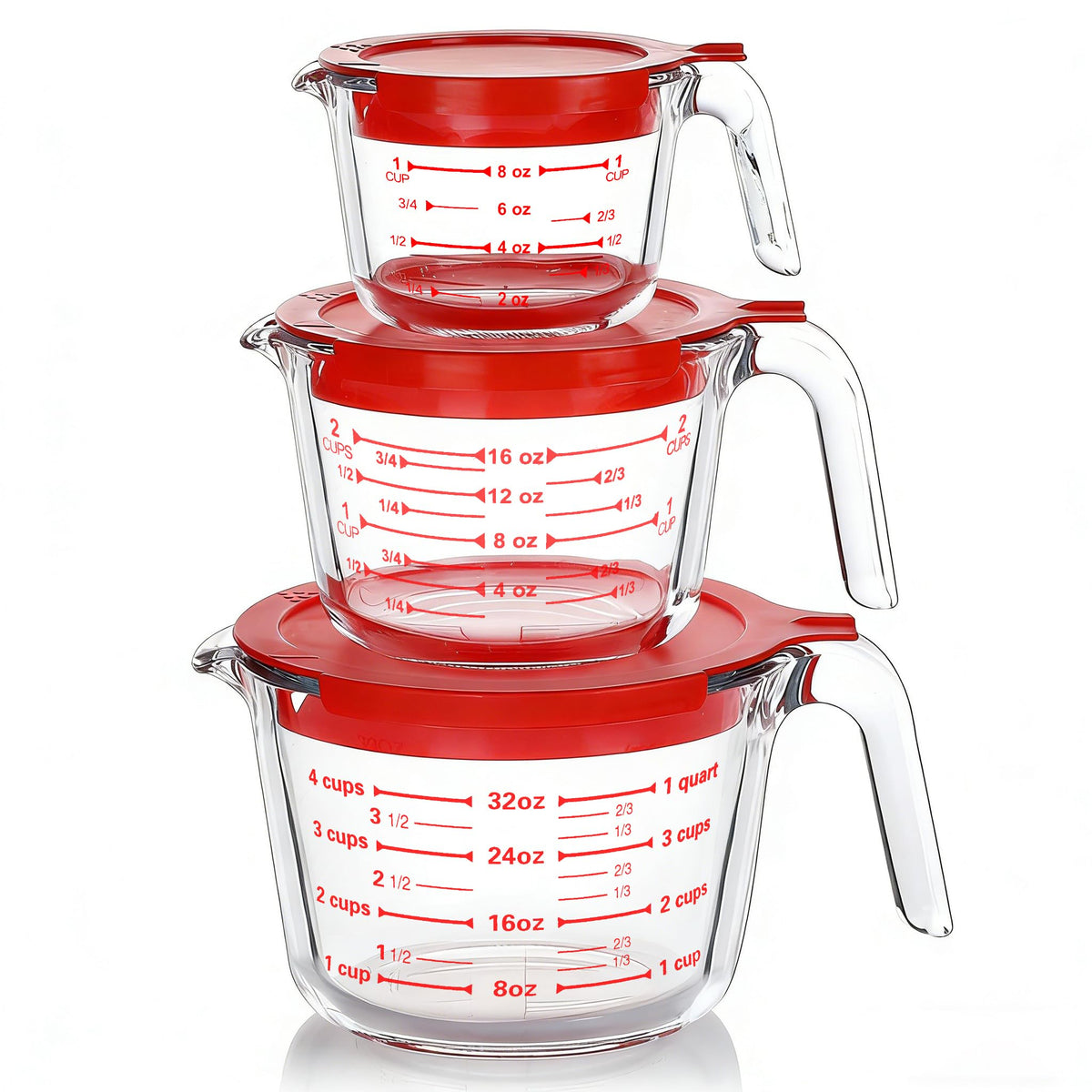 M MCIRCO glass measuring cups with lids shown together, space-saving storage