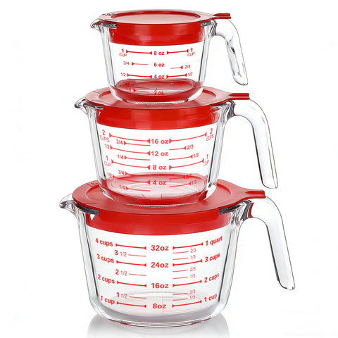 M MCIRCO glass measuring cups with lids shown together, space-saving storage