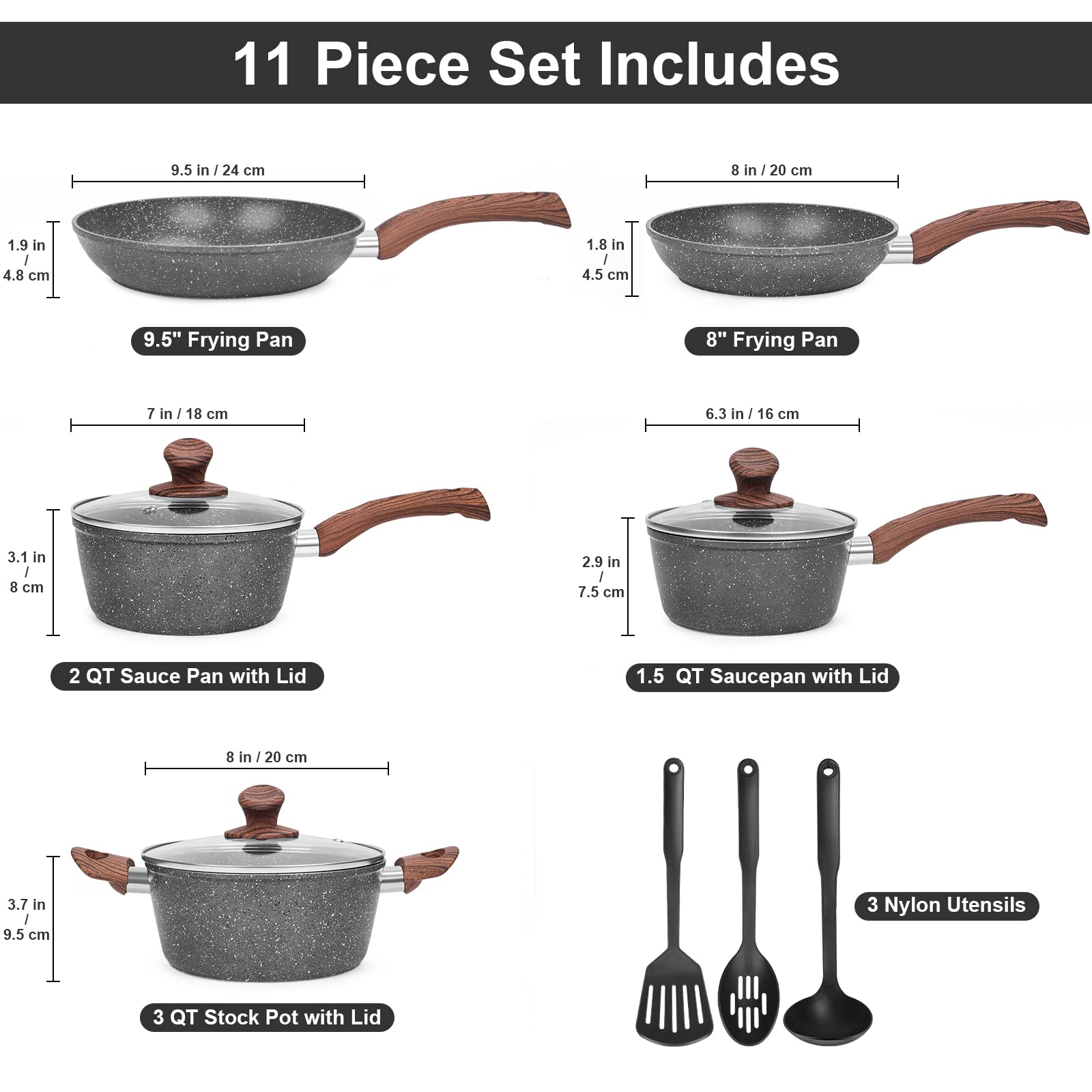 M MELENTA 8-inch frying pan with nonstick granite coating for low-oil cooking.