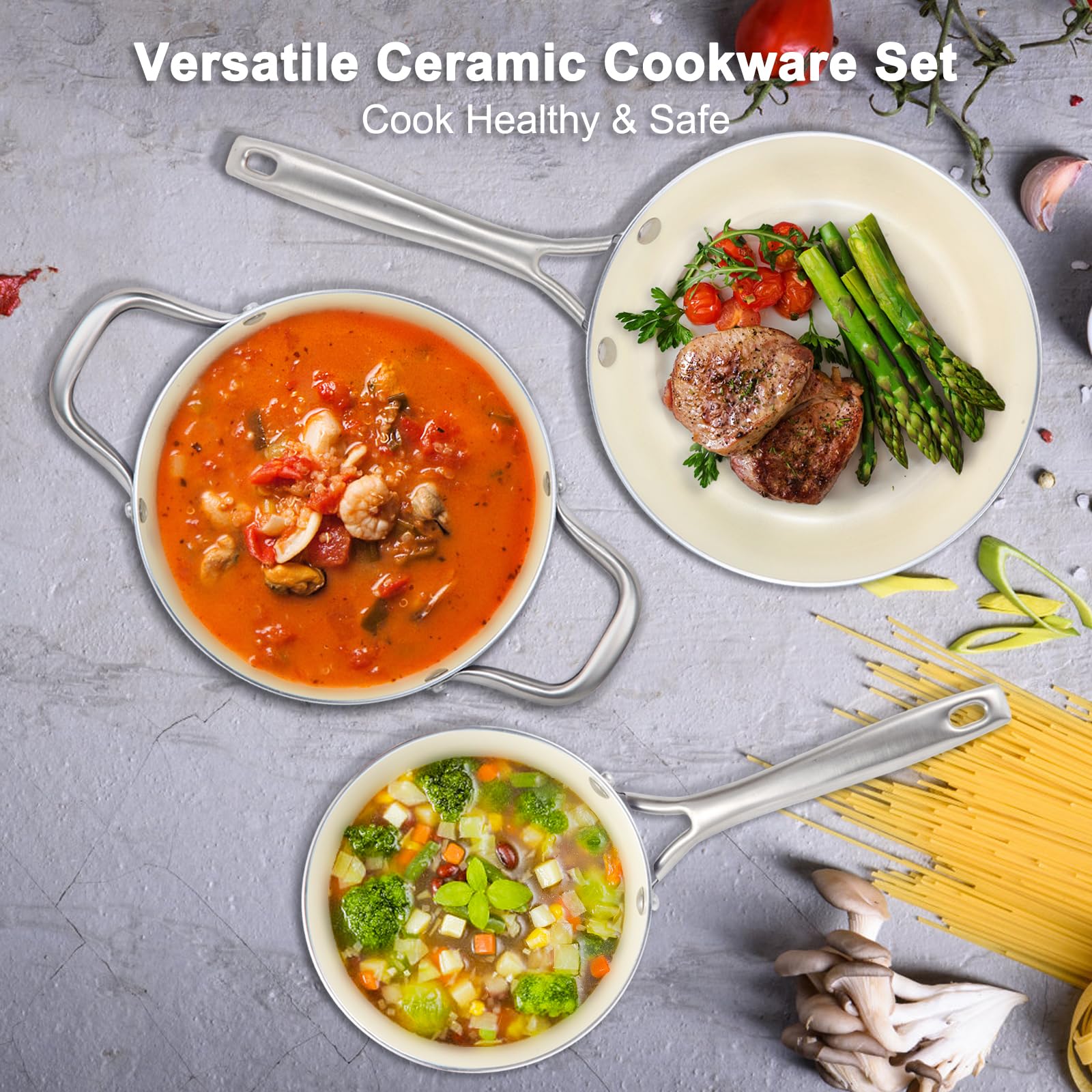 M MELENTA blue induction-ready cookware enhances style and compatibility.