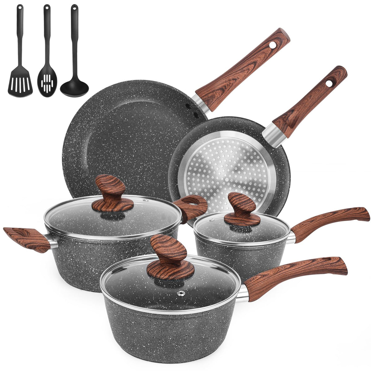 M MELENTA granite pots and pans set in full view, easy cleanup and versatile cooking.