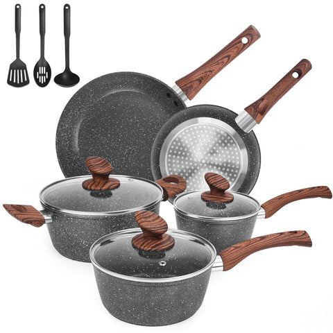 M MELENTA granite pots and pans set in full view, easy cleanup and versatile cooking.