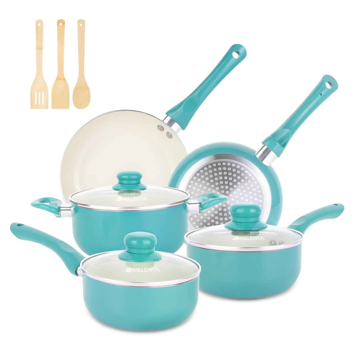 M MELENTA turquoise 11-piece cookware set with nonstick interior for easy cooking