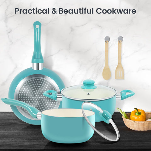 M MELENTA turquoise ceramic nonstick surface keeps cooking surfaces vibrant.