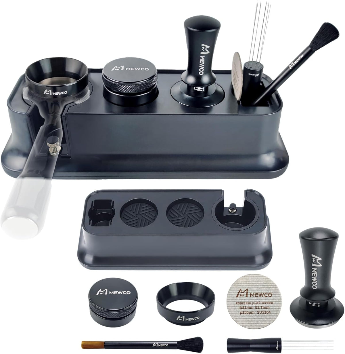 M MEWCO espresso tamper station in use for consistent extractions
