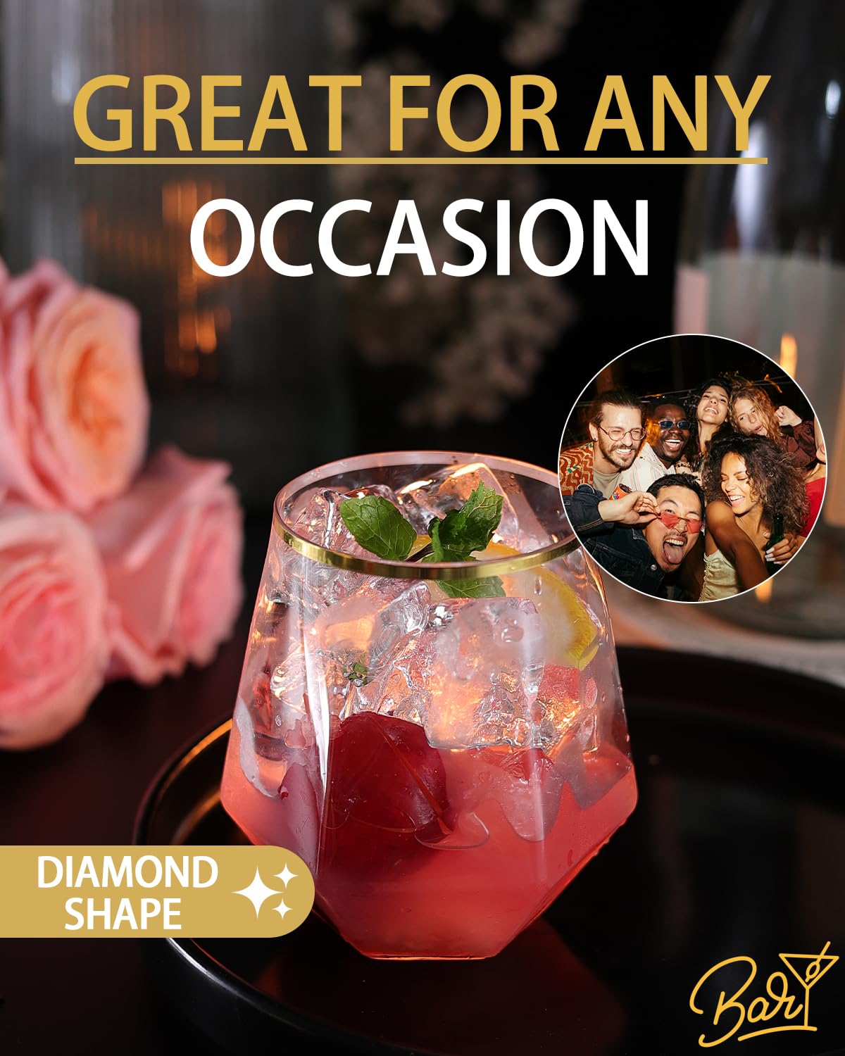maaacute diamond-shaped plastic stemless glasses add sophistication to any table