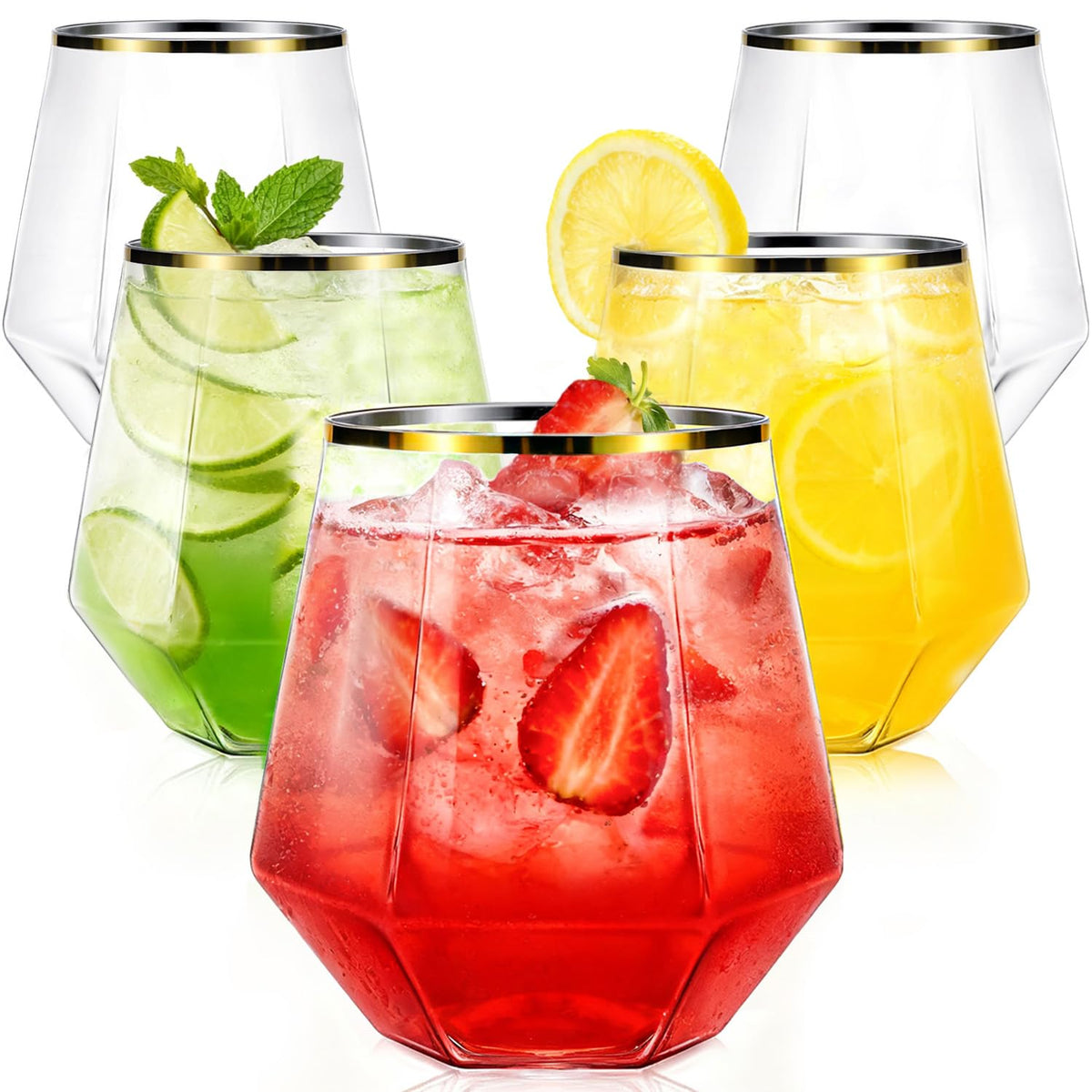maaacute gold rim plastic stemless wine glasses, 12oz, for elegant entertaining
