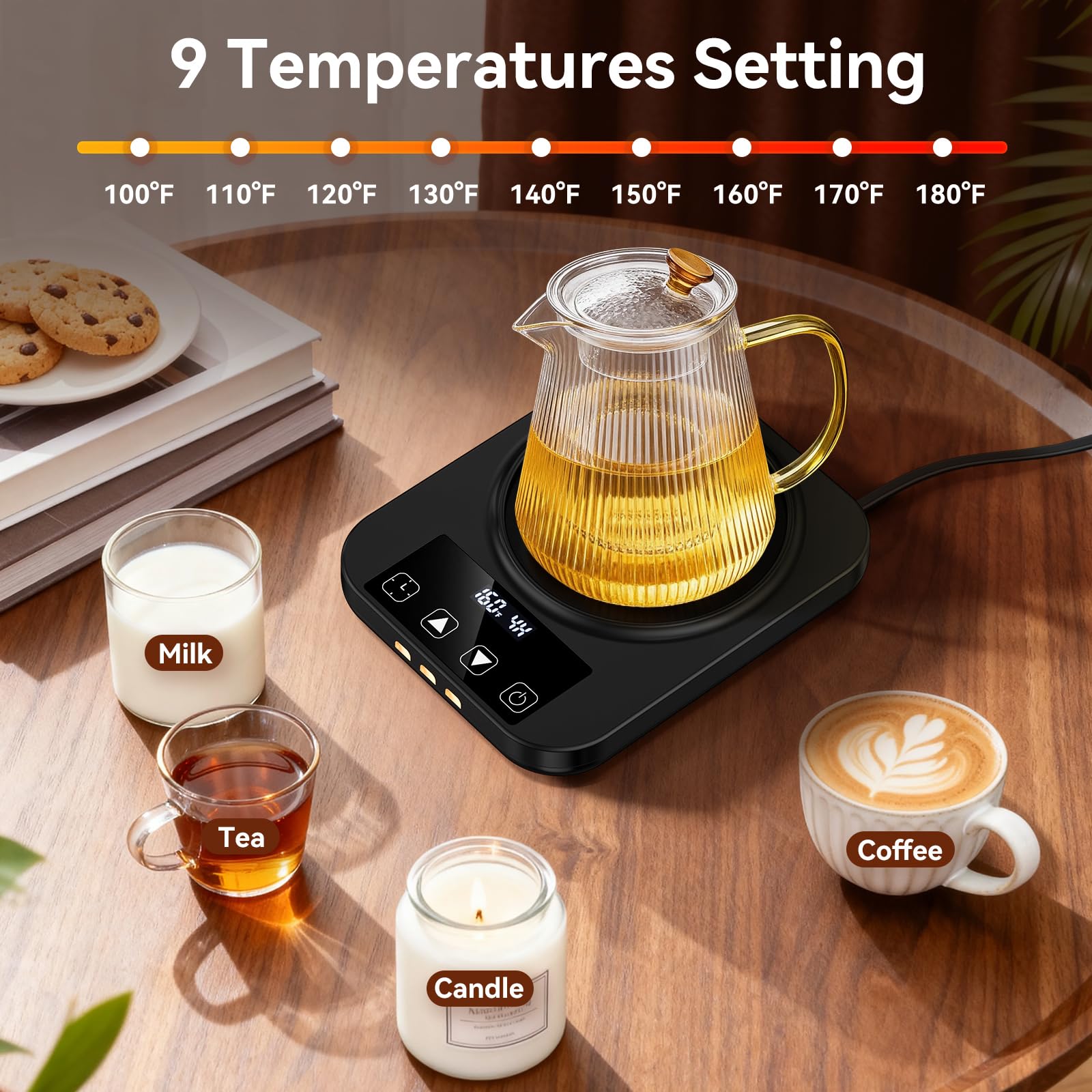 Mabahoo 9 temperature settings for customizable heat on coffee or tea.