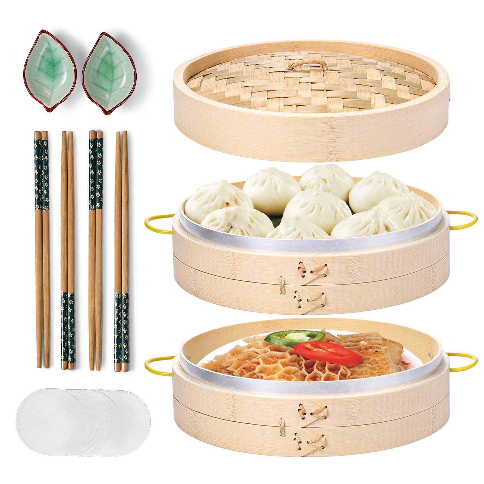 Macario bamboo steamer basket 10-inch for steaming dumplings and buns, preserving natural flavors.