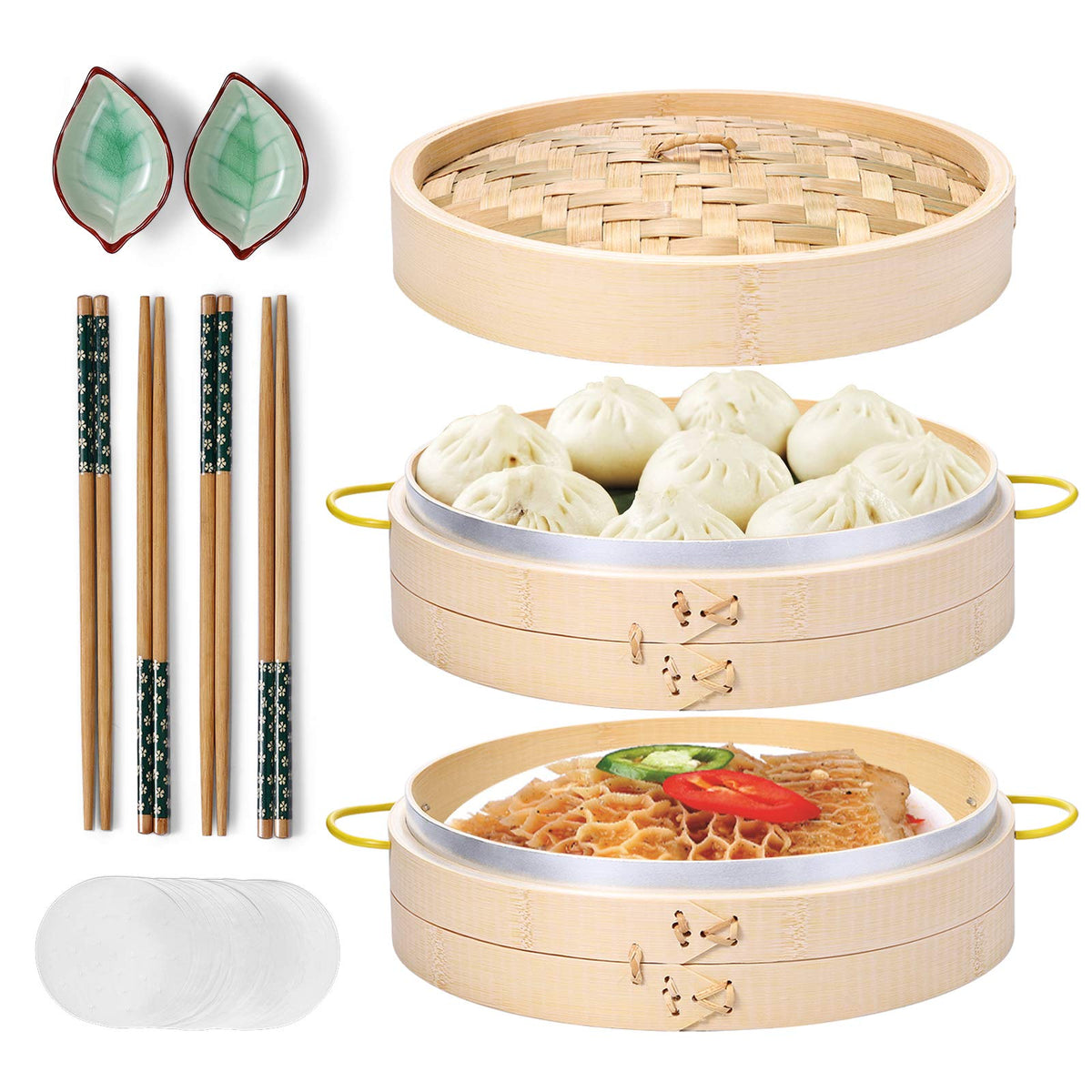 Macario bamboo steamer basket 10-inch for steaming dumplings and buns, preserving natural flavors.