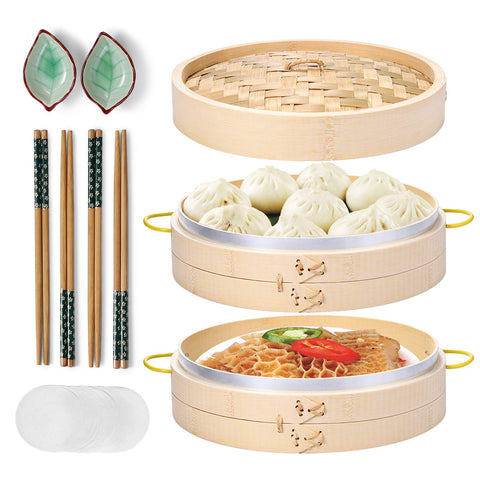 Macario bamboo steamer basket 10-inch for steaming dumplings and buns, preserving natural flavors.