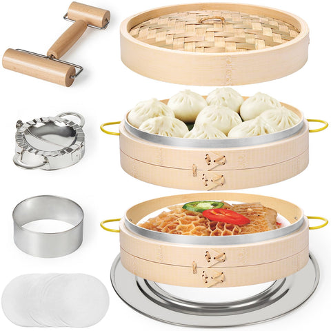 Macario bamboo steamer set with two-tier baskets for healthy meals