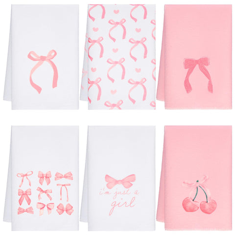 Macarrie pink bow hand towels in a 6-pack, soft and durable for daily tasks.