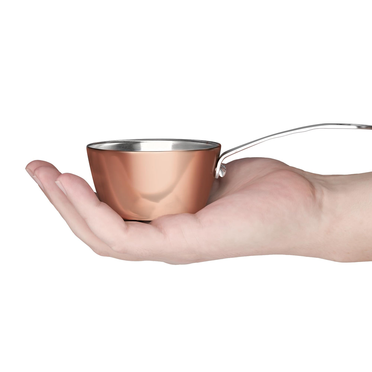 Macevia mini sauce pan copper exterior for quick, even heating of small portions.