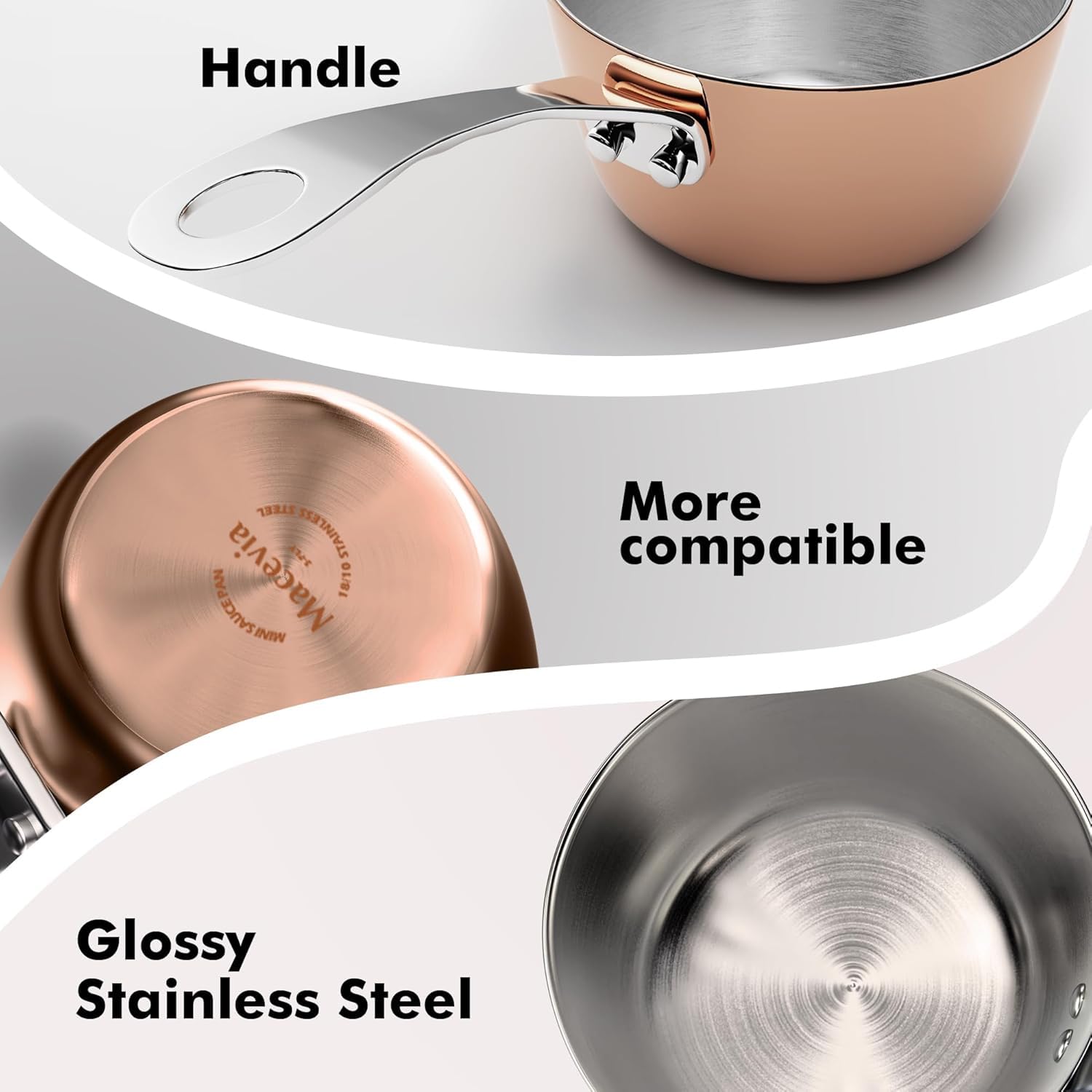 Macevia mini sauce pan with handle offers a sturdy grip during cooking.
