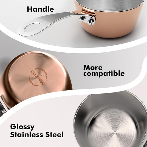 Macevia mini sauce pan with handle offers a sturdy grip during cooking.