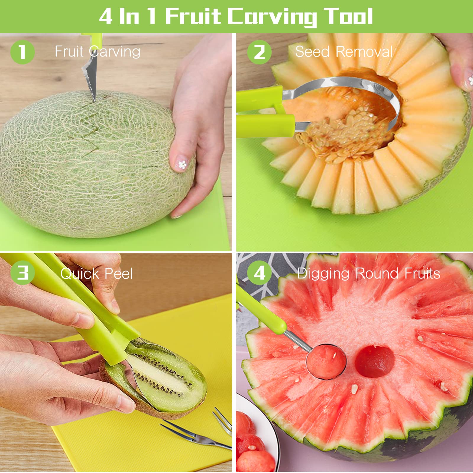Machomby 4-in-1 slicer in action for easy fruit shaping.