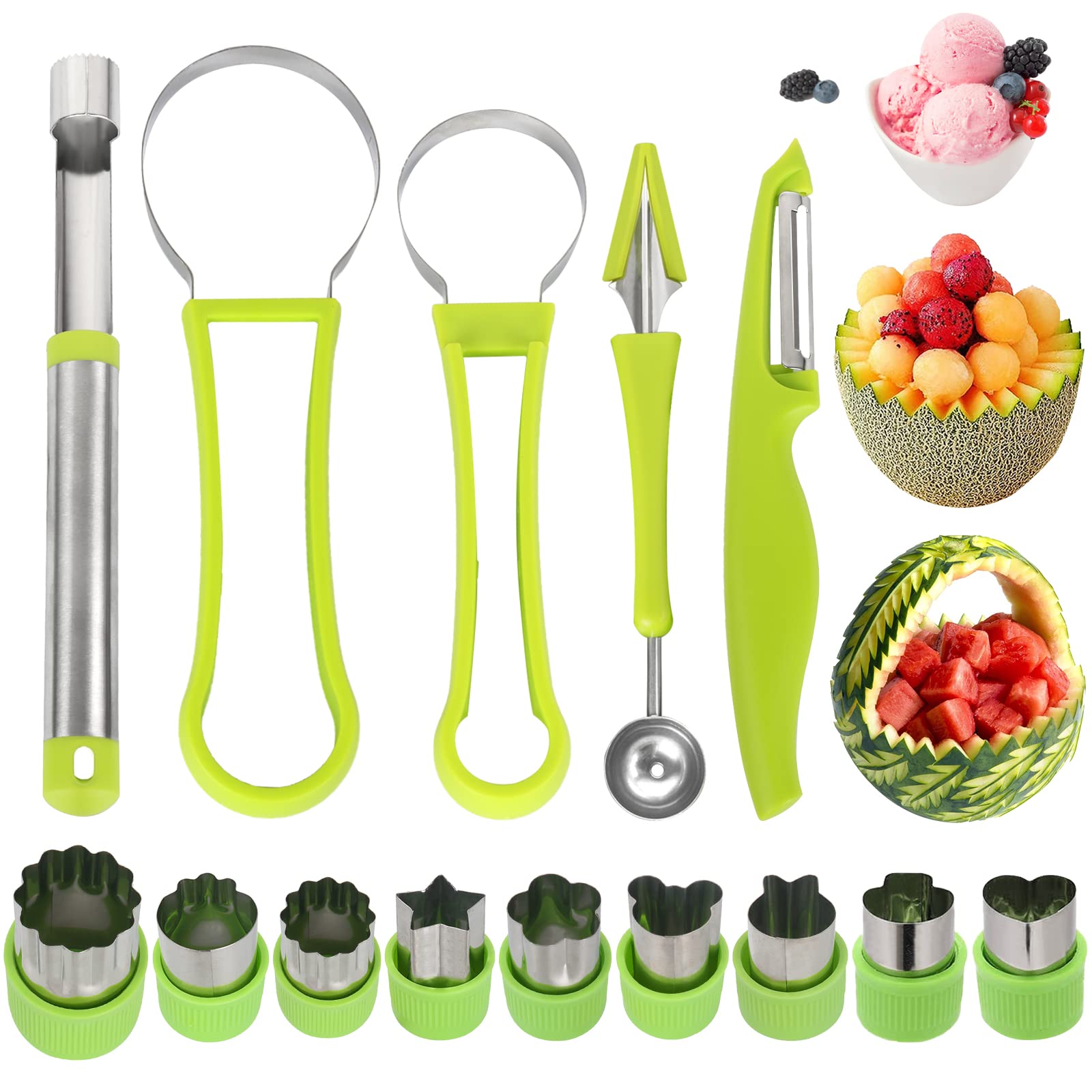 Machomby melon baller set contents shown for quick fruit prep.