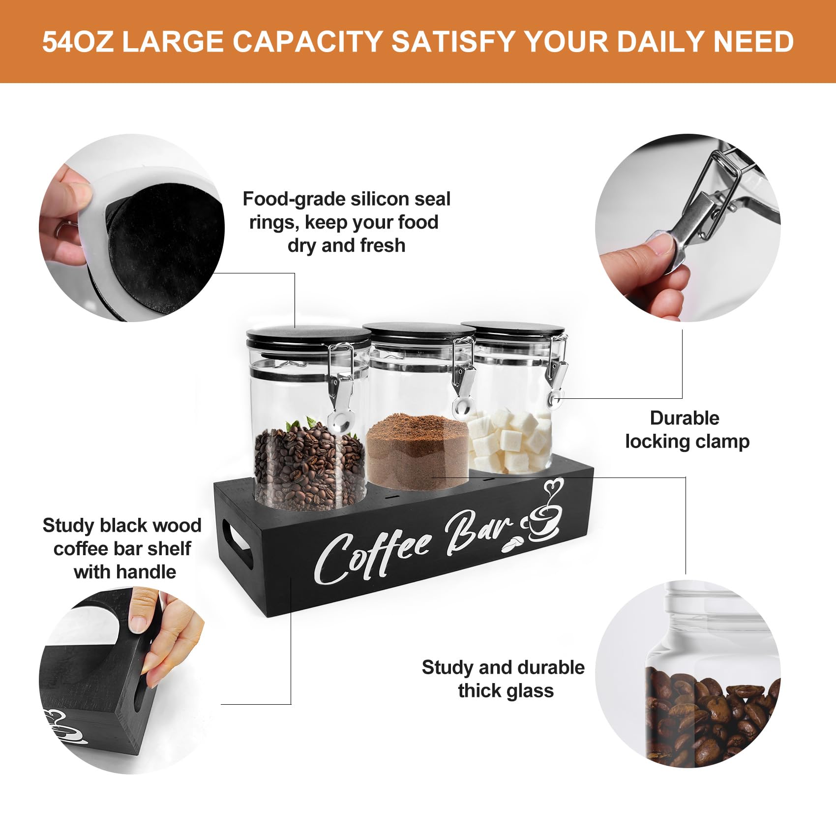 MACIFECI 54oz capacity canisters store beans, powder, or sugar.