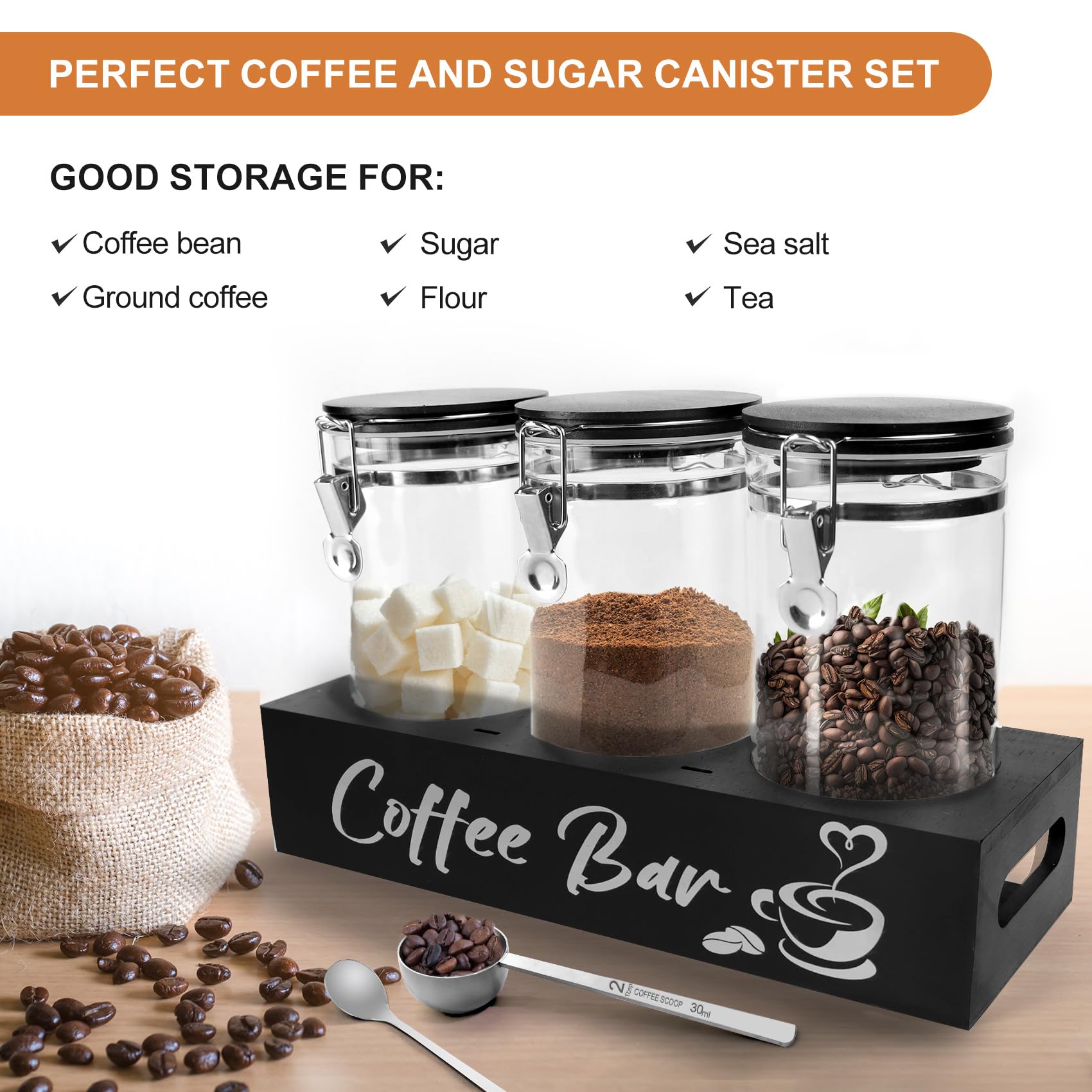 MACIFECI coffee canister set includes shelf and spoons for practical use.