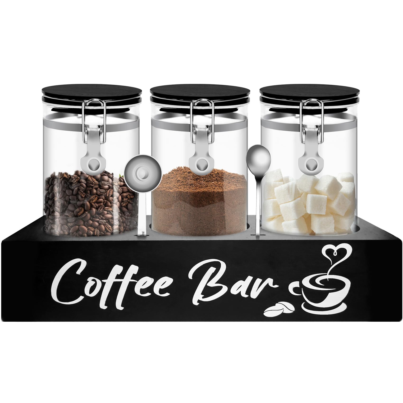 MACIFECI glass coffee containers on a black shelf for a cohesive coffee bar.