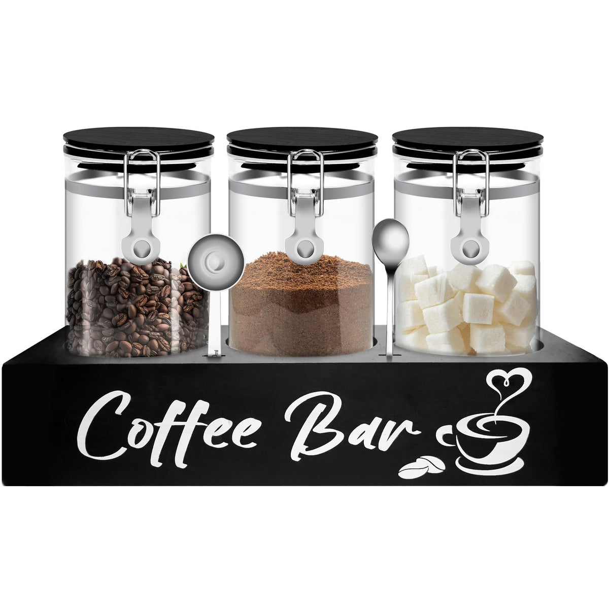 MACIFECI glass coffee containers on a black shelf for a cohesive coffee bar.