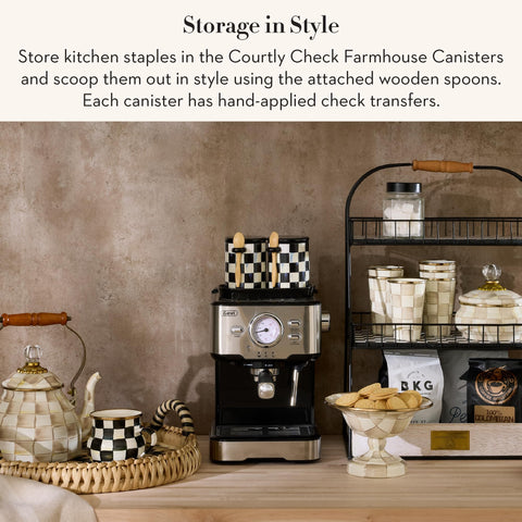 Mackenzie-Childs canister with lid and attached wooden spoon for convenient scooping.