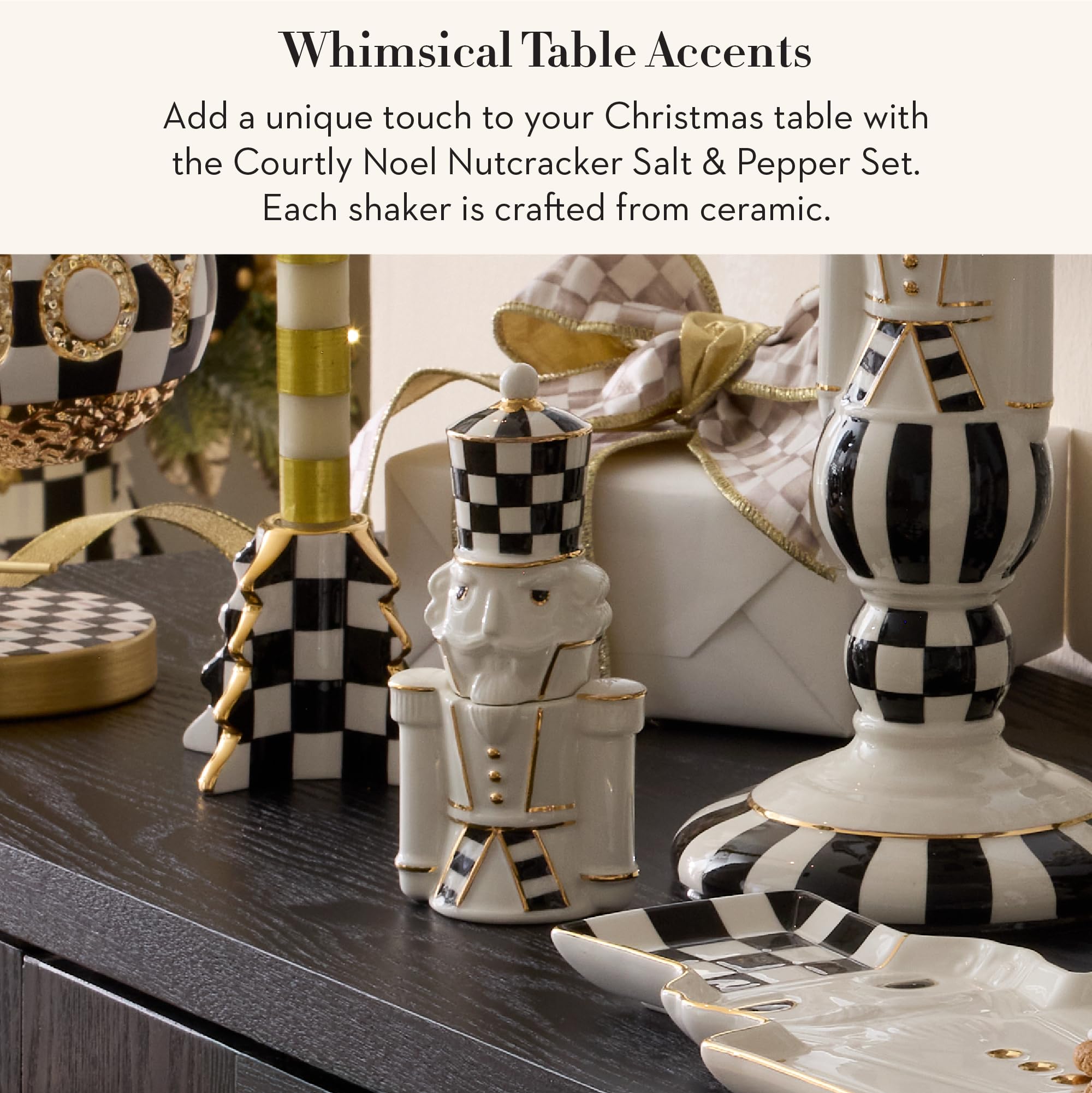 MacKenzie-Childs ceramic shakers in black-and-white checks for style and function