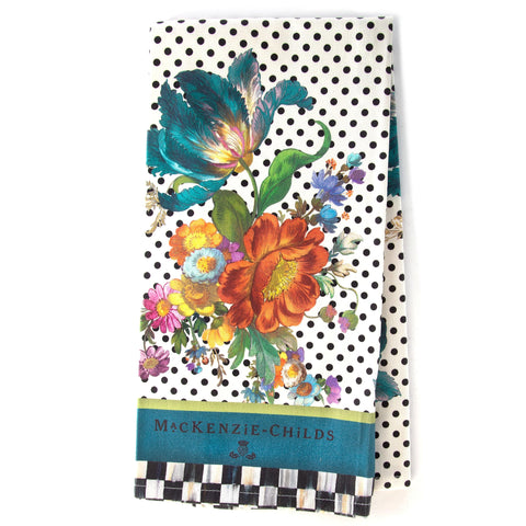 Mackenzie-Childs Flower Market print cotton dish towel for vibrant kitchen decor and quick drying.
