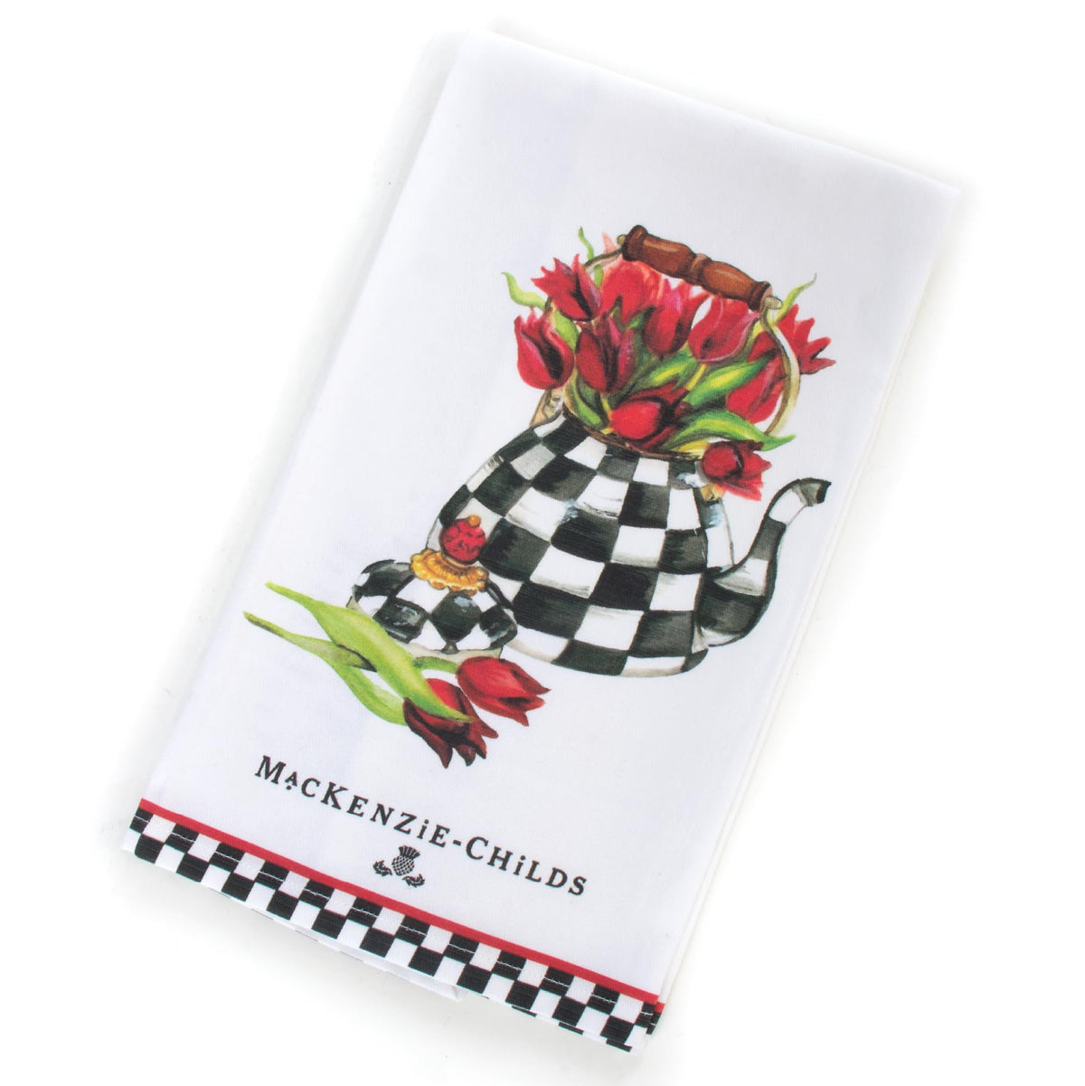MacKenzie-Childs cotton dish towel with Tulip Tea Kettle print for stylish kitchen tasks.