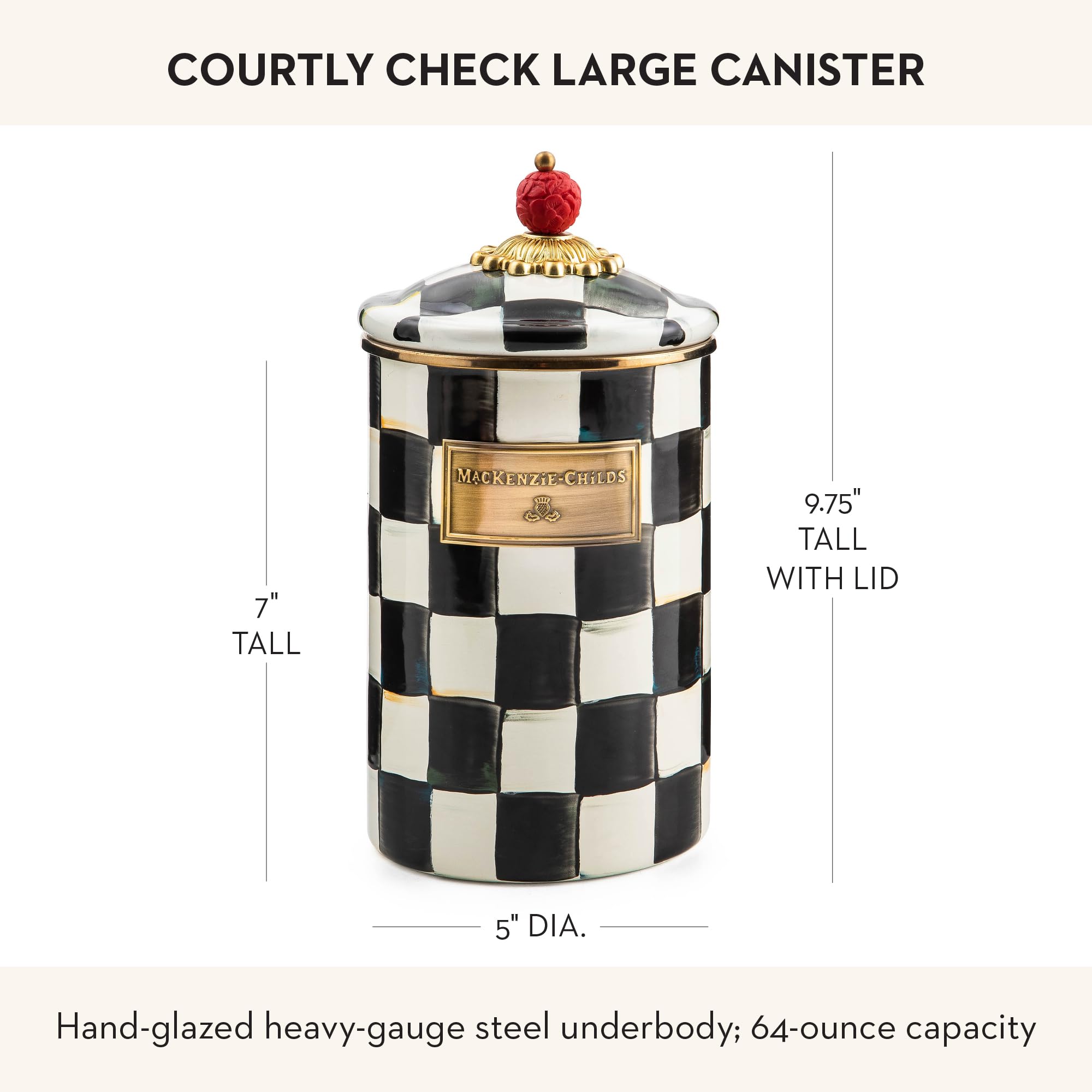 MacKenzie-Childs Courtly Check enamel canister adds timeless storage to the collection.