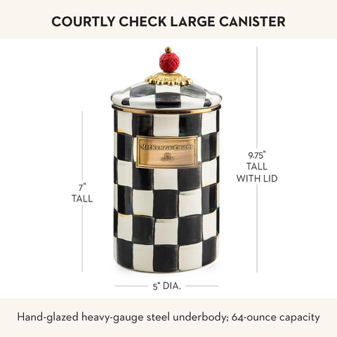 MacKenzie-Childs Courtly Check enamel canister adds timeless storage to the collection.