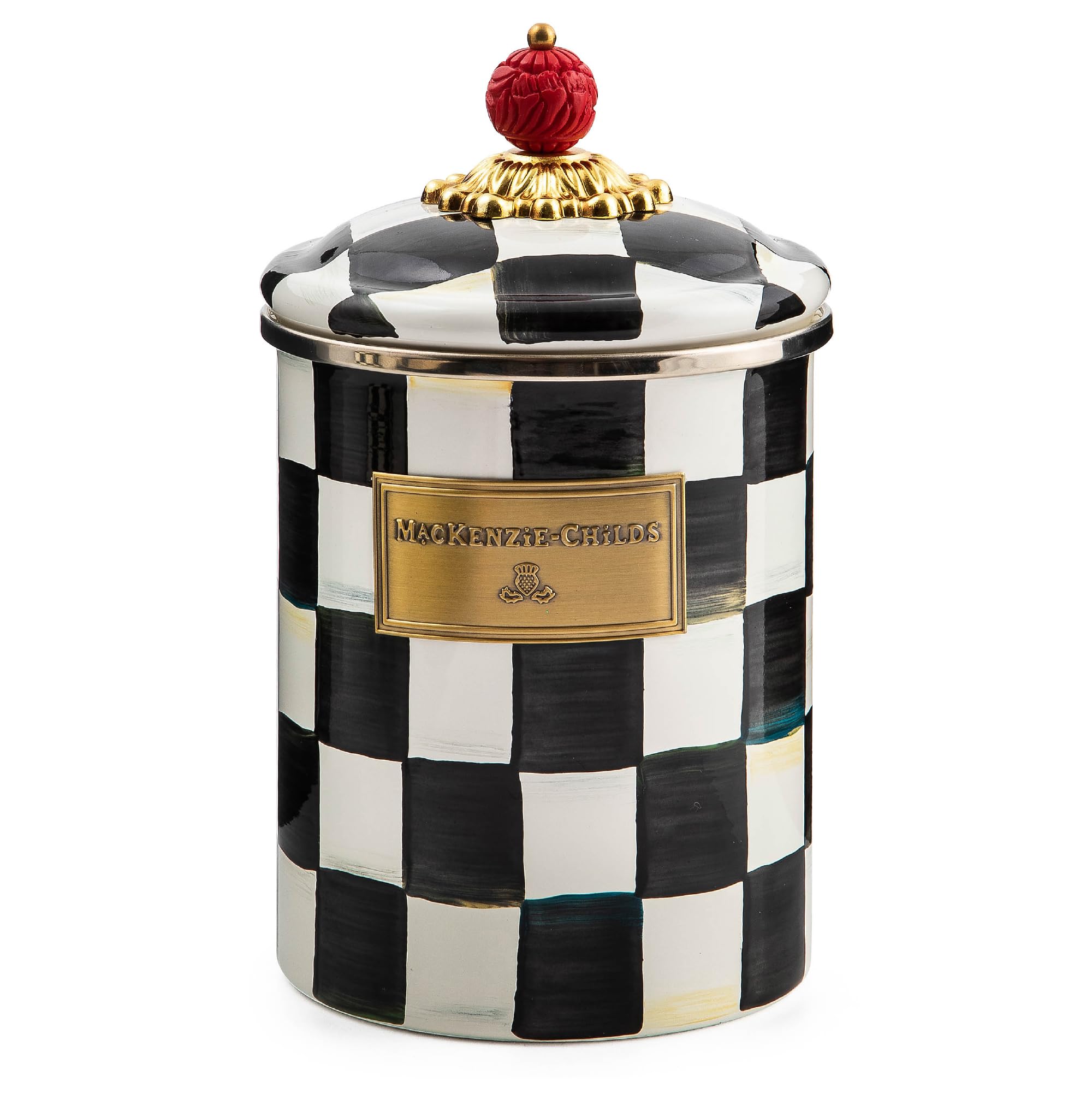 MacKenzie-Childs Courtly Check enamel canister front view for stylish pantry storage
