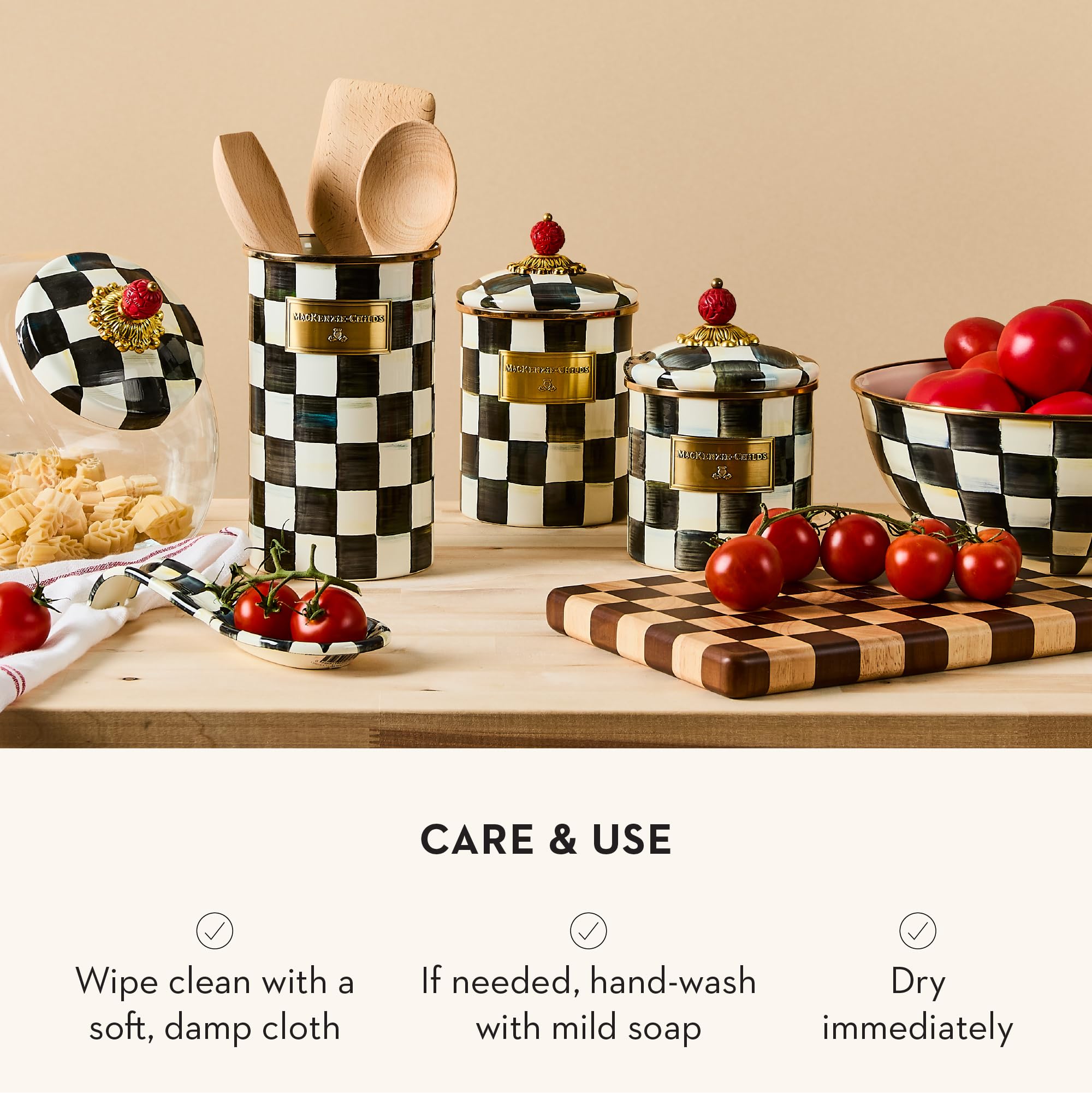 MacKenzie-Childs Courtly Check enamel canister on kitchen counter for cookies or coffee