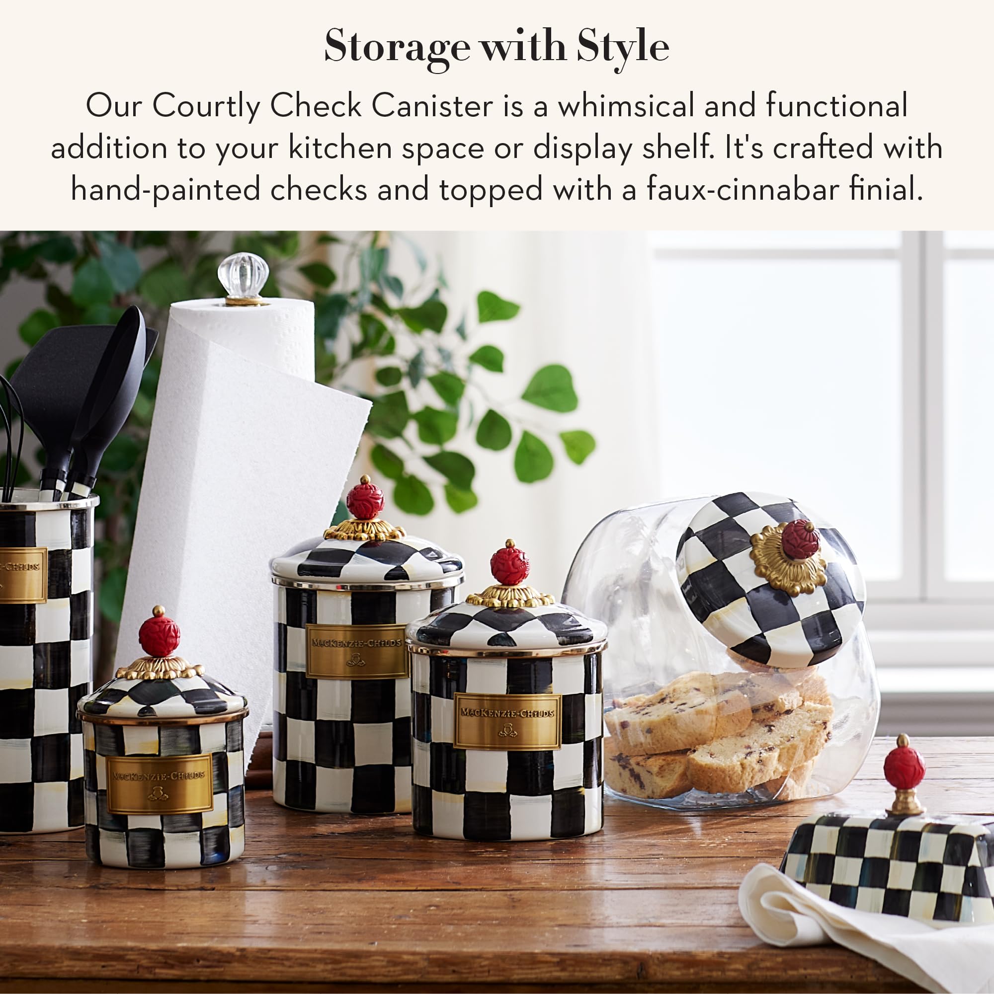 MacKenzie-Childs Courtly Check enamel canister lid with knob close-up for secure storage