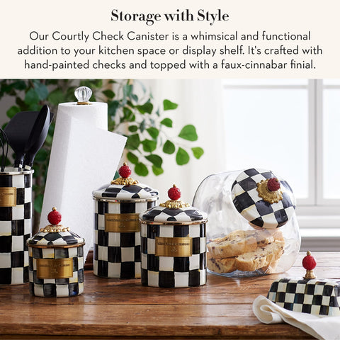 MacKenzie-Childs Courtly Check enamel canister lid with knob close-up for secure storage