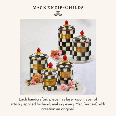 MACKENZIE-CHILDS Courtly Check enamel canister mini gift-ready packaging appeals to buyers.