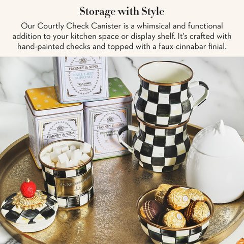 MACKENZIE-CHILDS Courtly Check enamel canister mini with glass knob for easy opening and display.