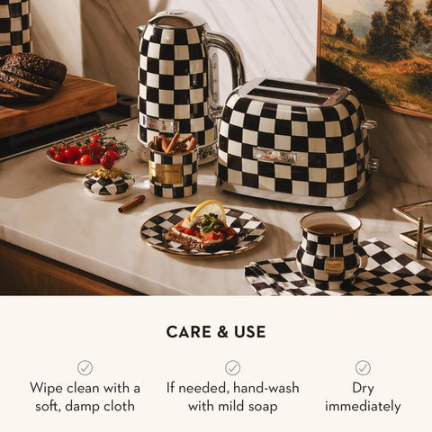 MACKENZIE-CHILDS Courtly Check enamel canister mini kitchen decor accent on countertop.