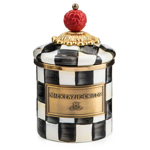 MACKENZIE-CHILDS Courtly Check enamel canister with lid for organized pantry storage.