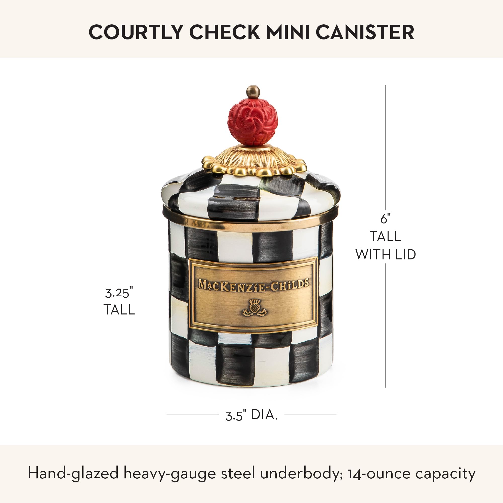 MACKENZIE-CHILDS Courtly Check enamel canister mini rim detail adds refined charm.