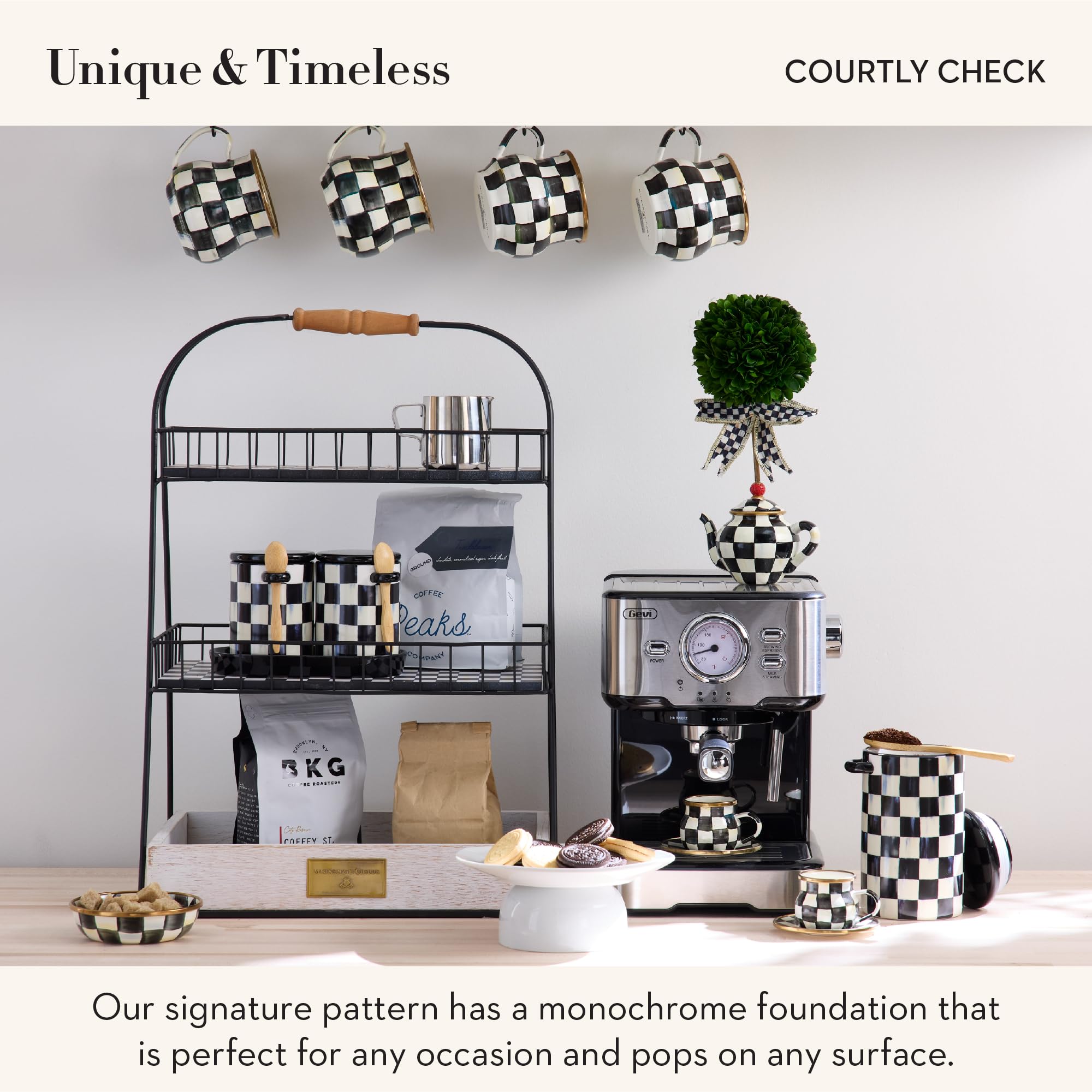 Courtly Check ceramic body by Mackenzie-Childs adds decorative charm to any kitchen.
