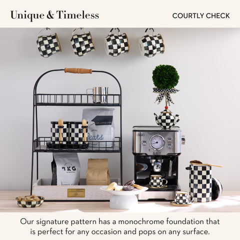 Courtly Check ceramic body by Mackenzie-Childs adds decorative charm to any kitchen.